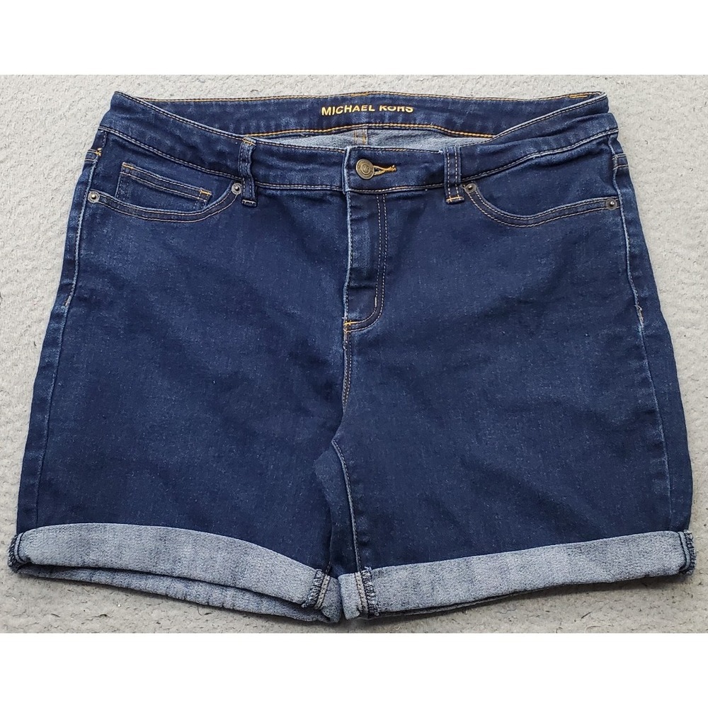 Michael Kors Jean Shorts Womens 8 Blue Denim Cuffed Hem Dark Wash High Waist